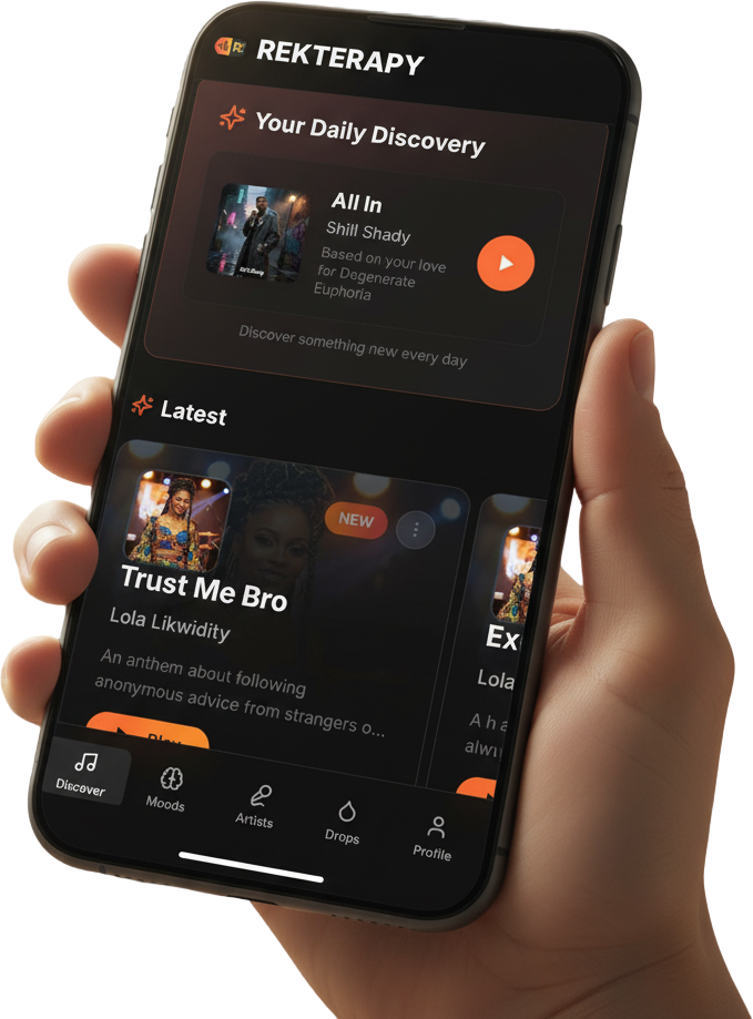 Rekterapy Discover Screen - Daily music discovery with degen culture vibes
